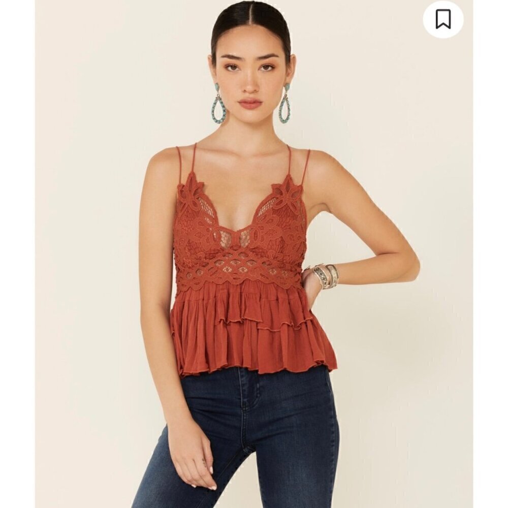 FREE PEOPLE ADELLA CAMI, RUFFLE LACE ORANGE/REDISH, BOHO, CONCERT, VACATION, Y2K